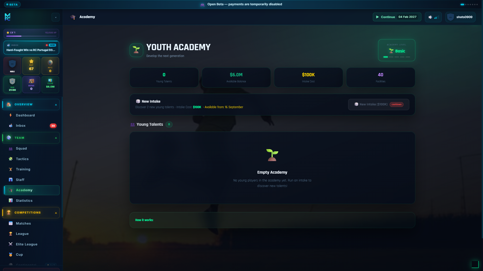 ManageFC screen โ academy