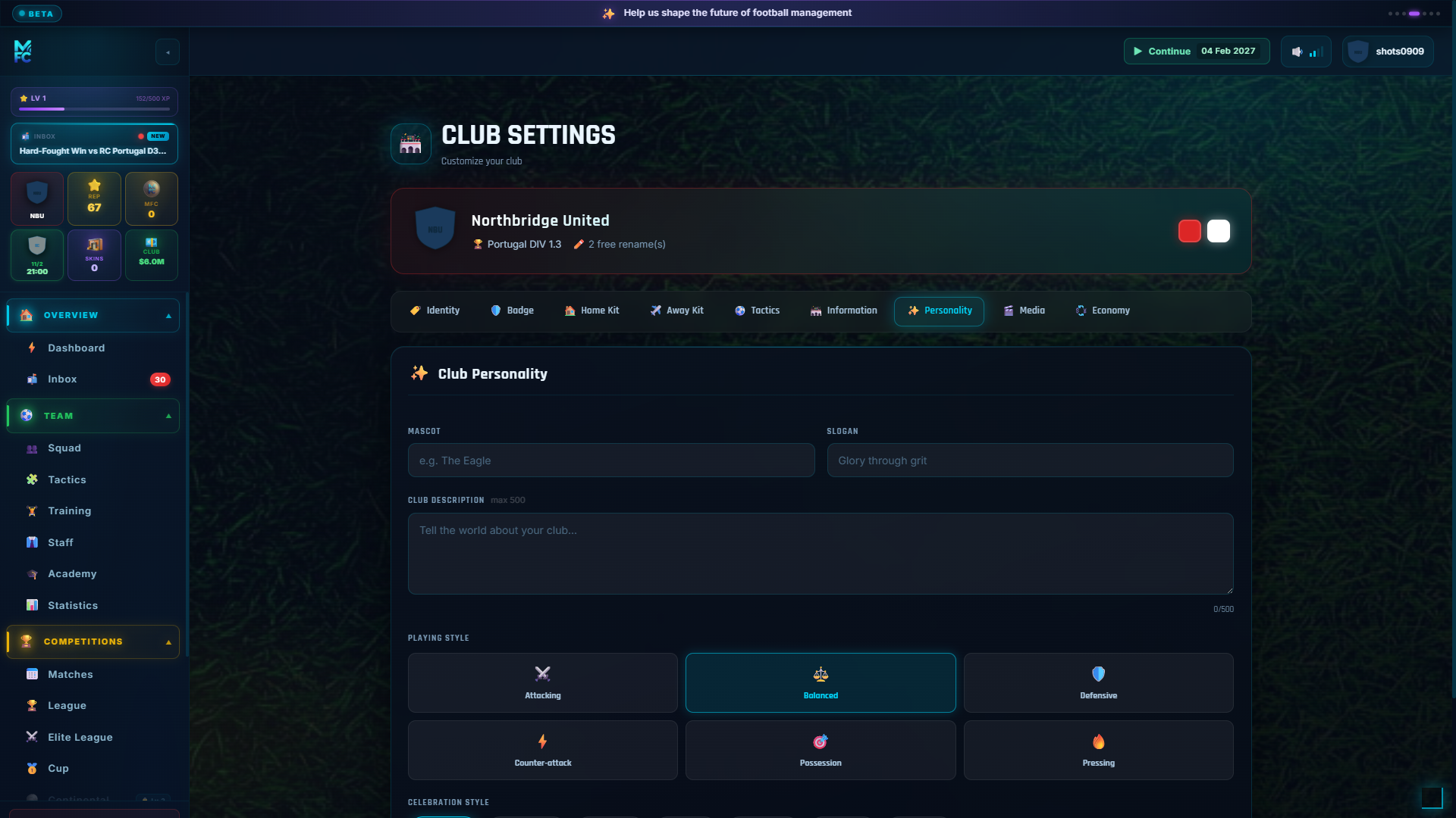ManageFC screen โ club-settings