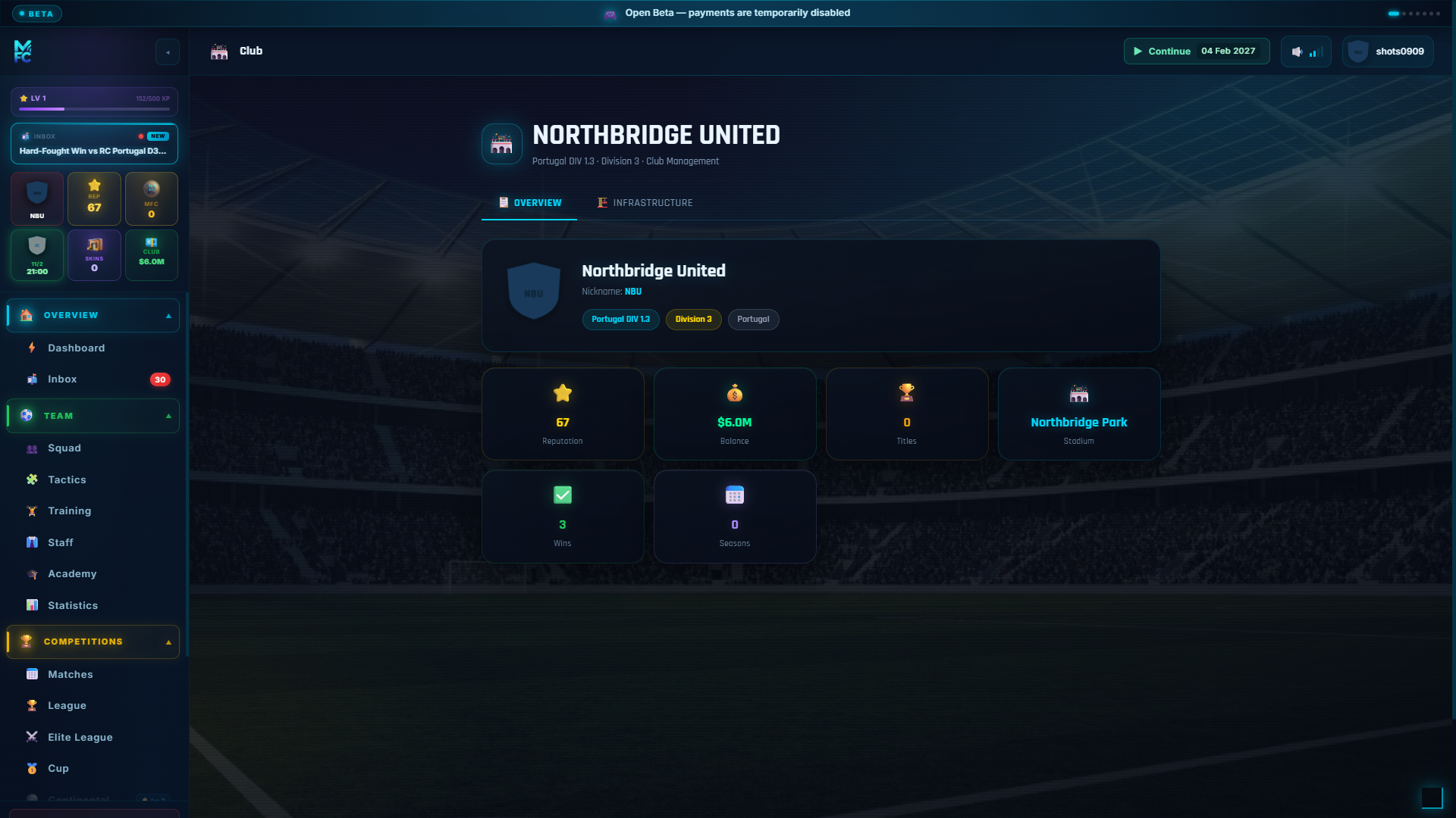 ManageFC screen โ club