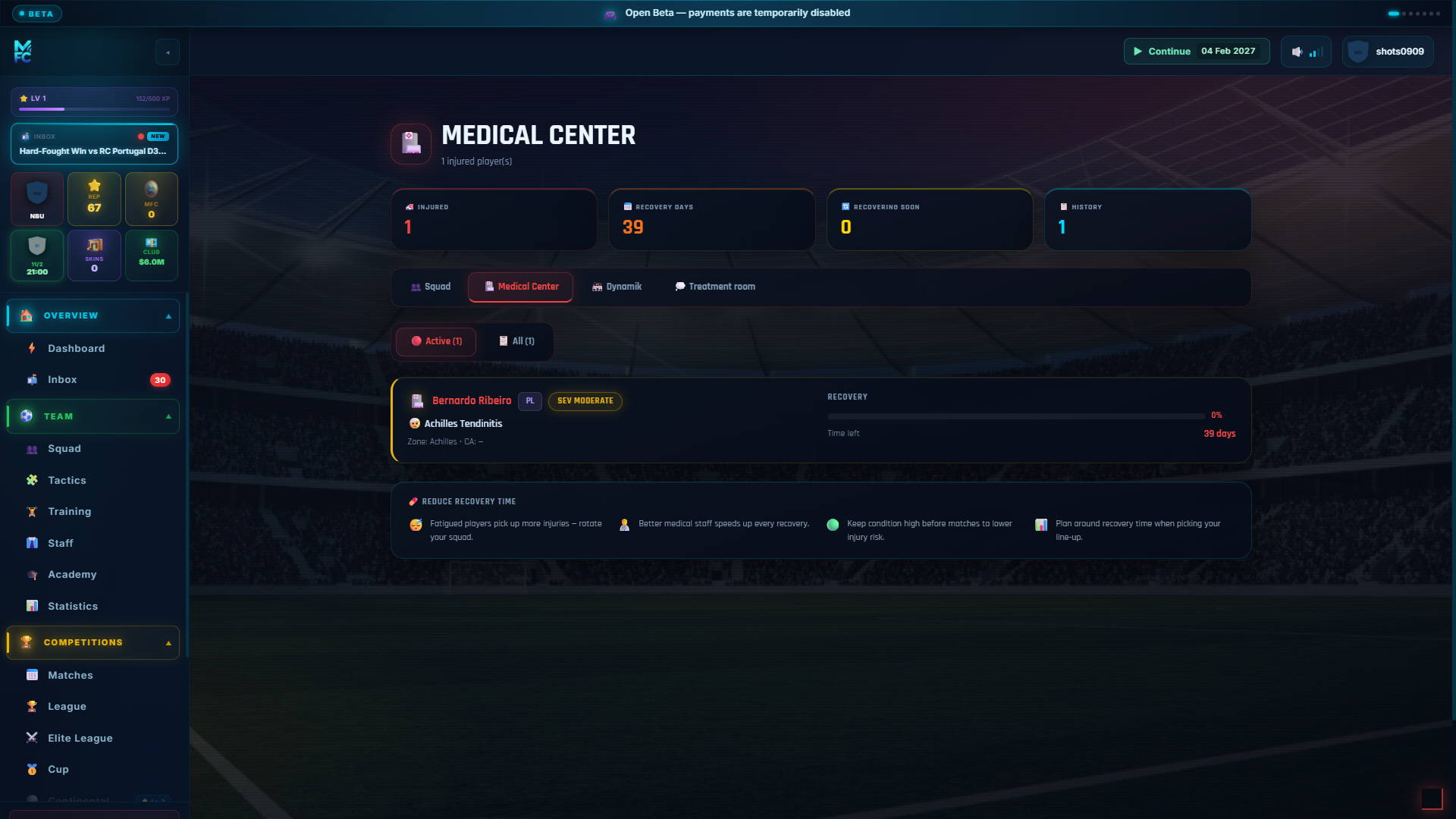 ManageFC screen โ injuries
