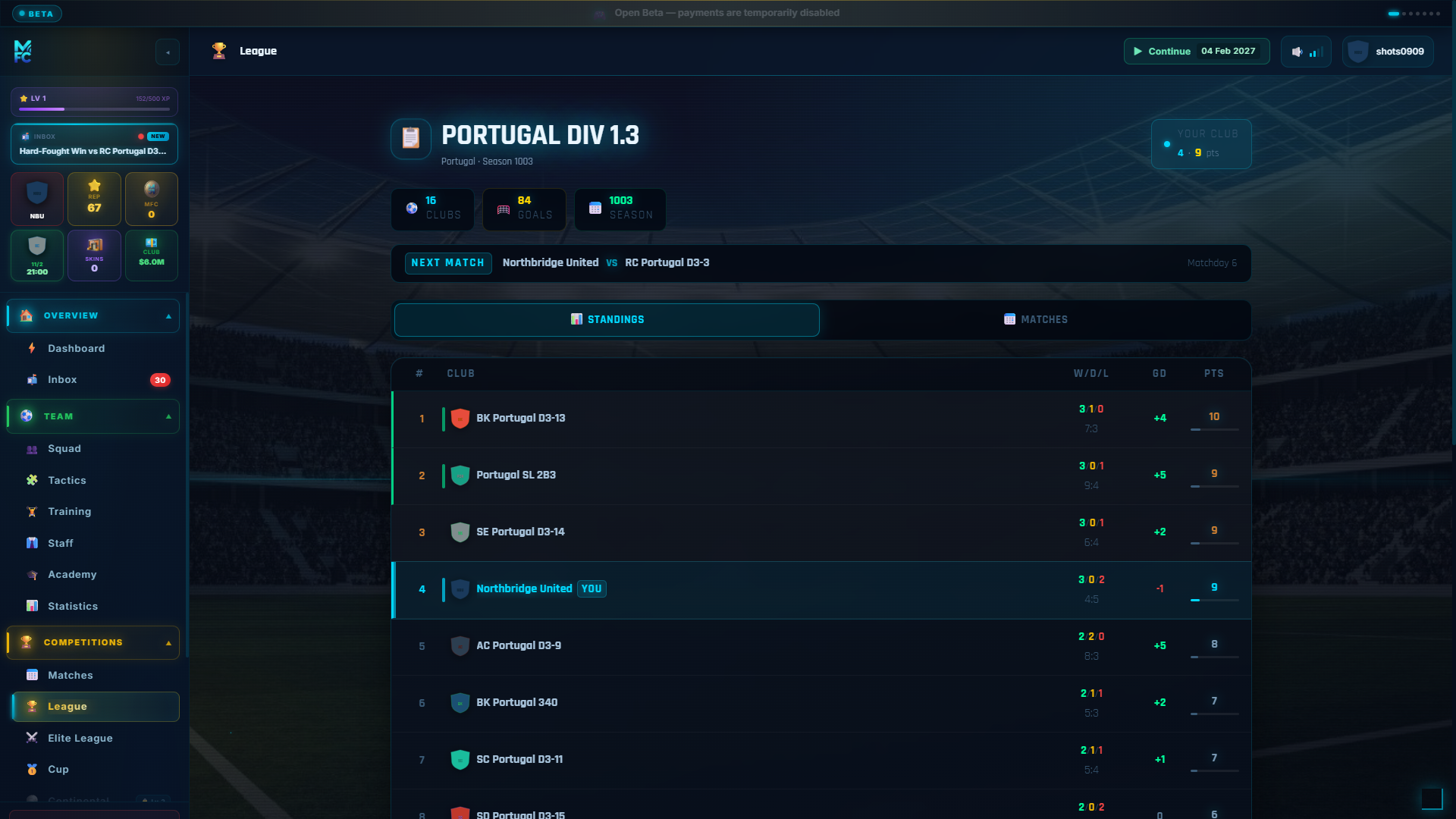 ManageFC screen โ league