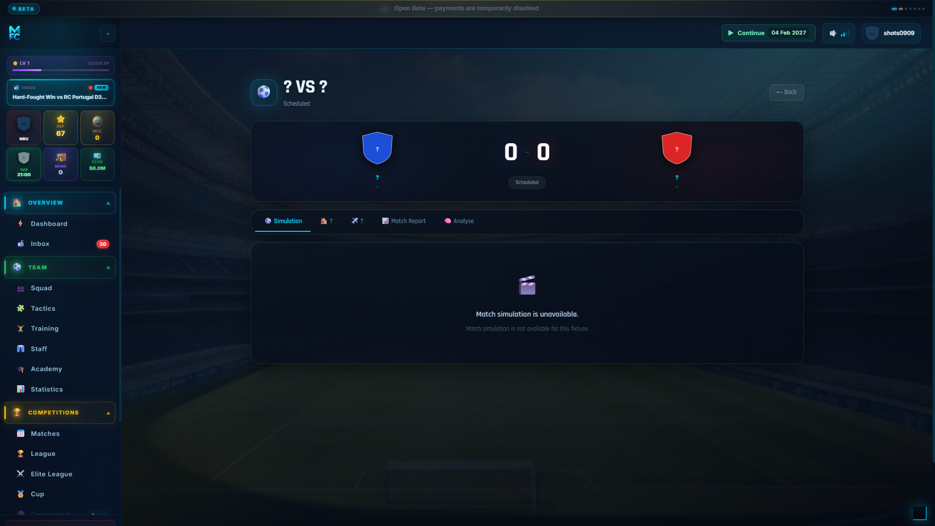 ManageFC screen โ match-live-play