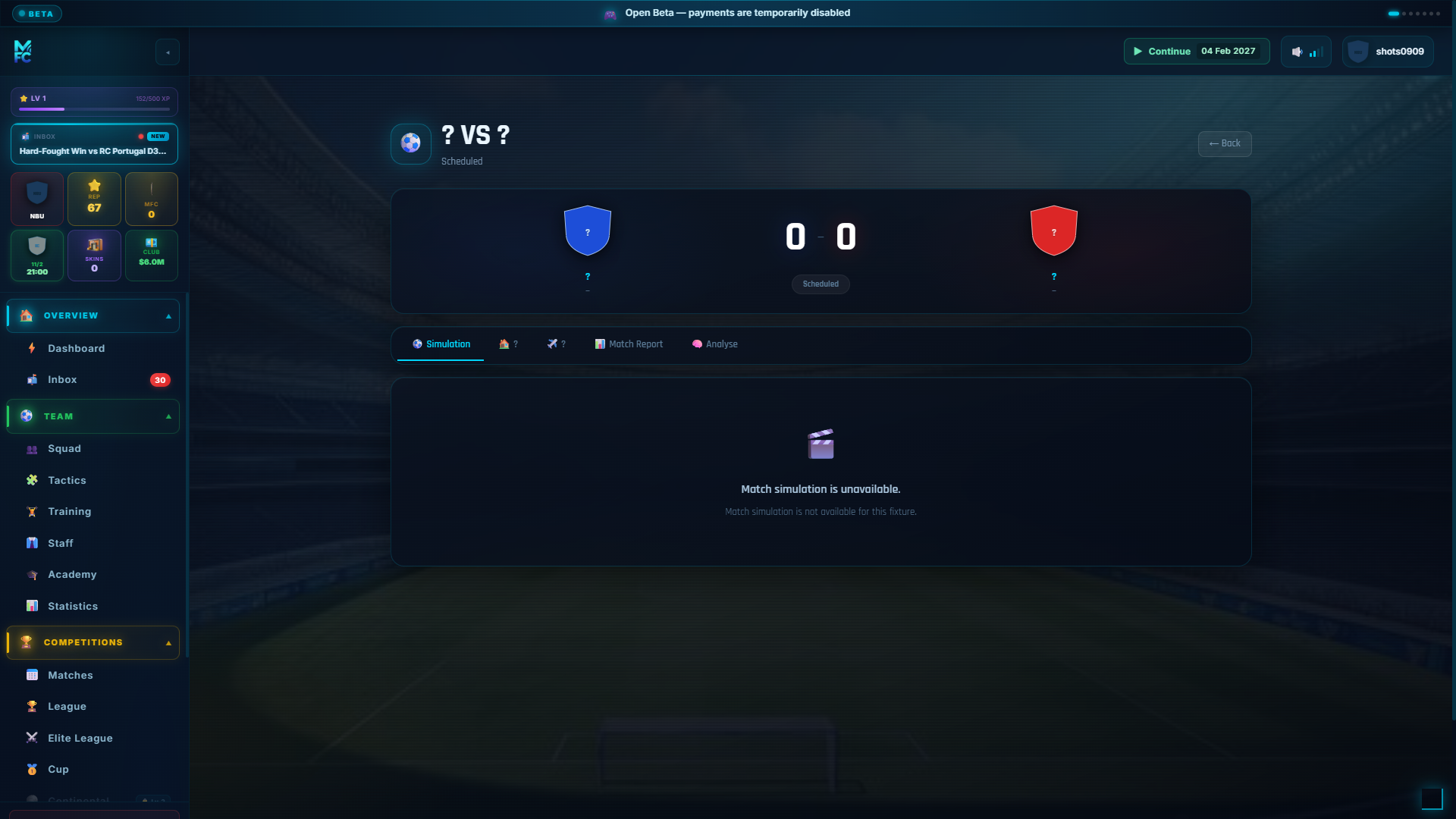 ManageFC screen โ match