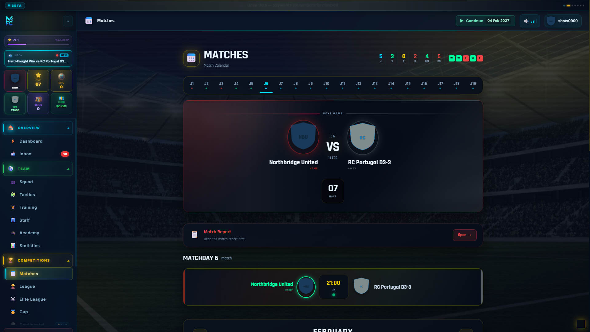 ManageFC screen โ matches