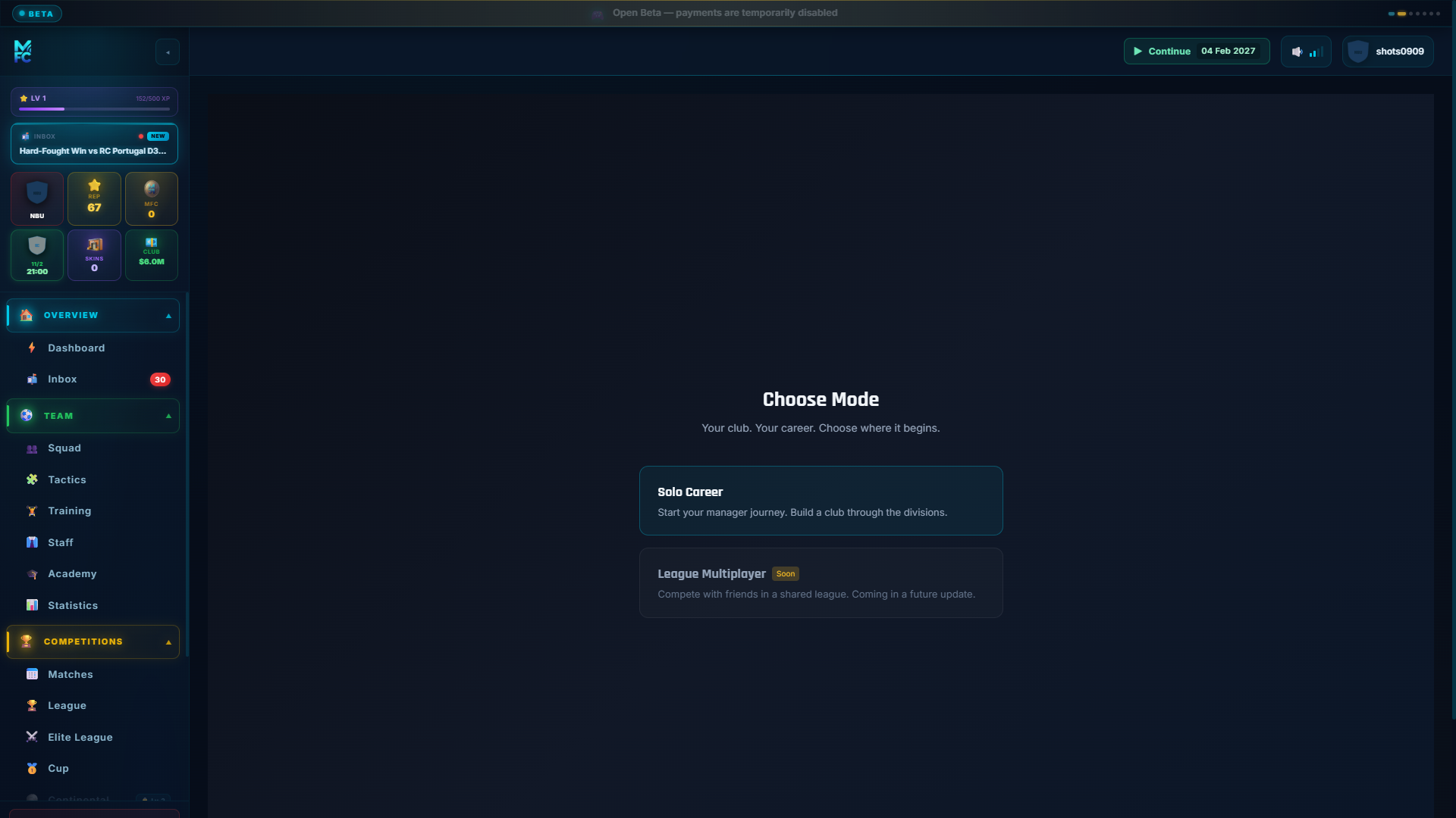 ManageFC screen โ mode-select
