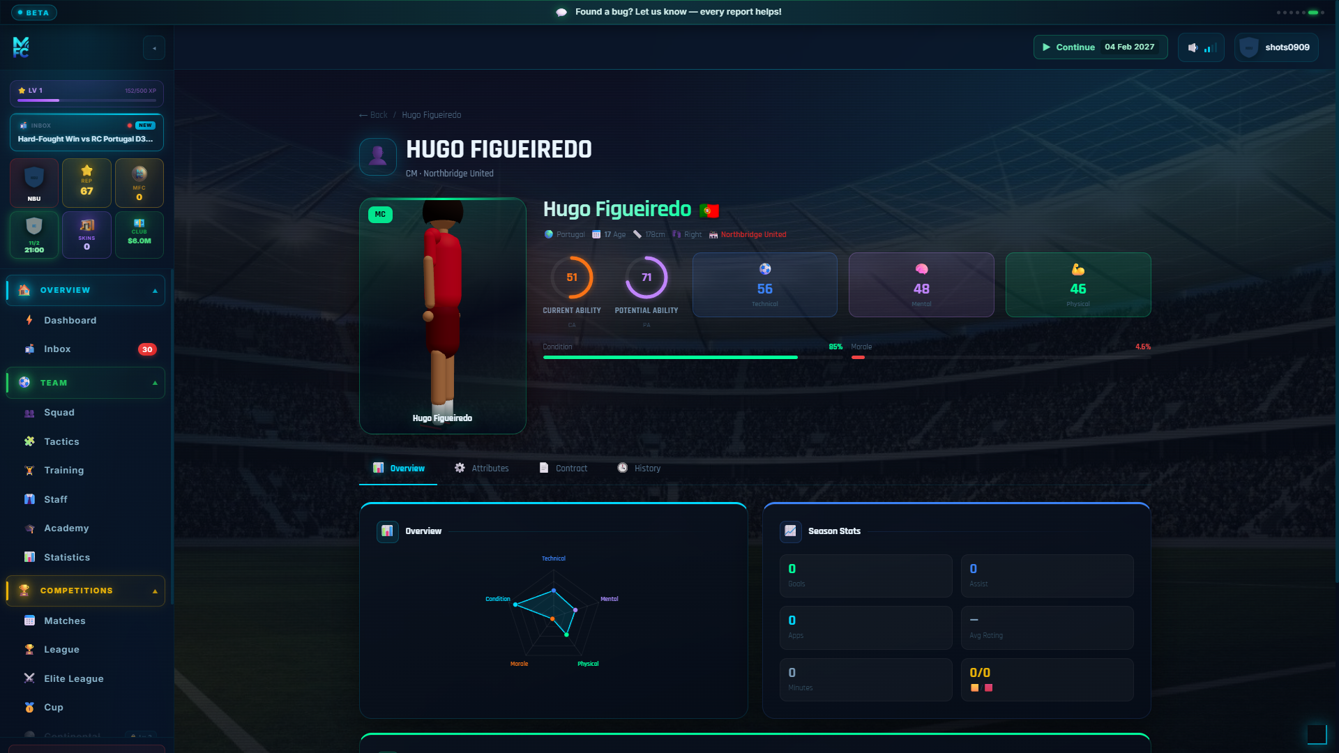 ManageFC screen โ player