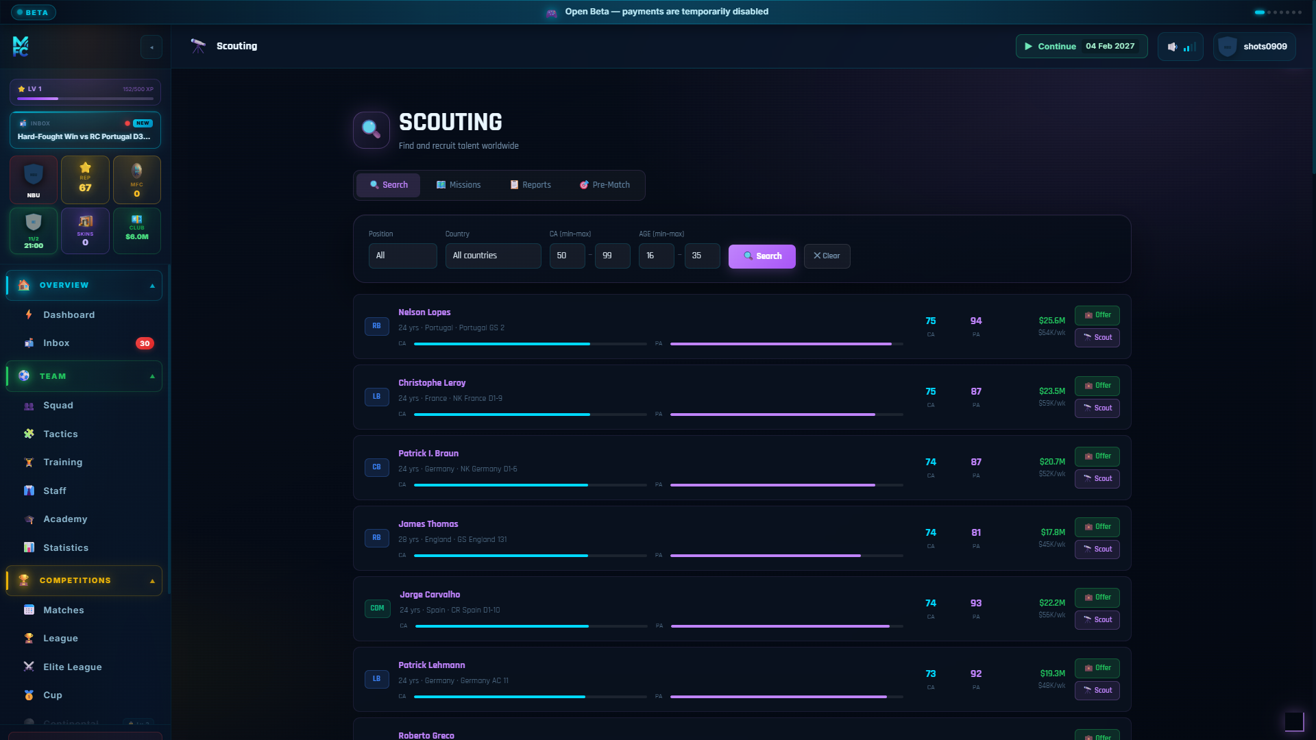 ManageFC screen โ scouting