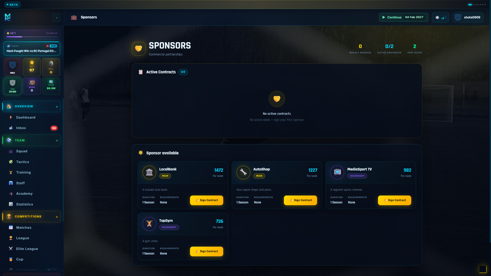 ManageFC screen โ sponsors