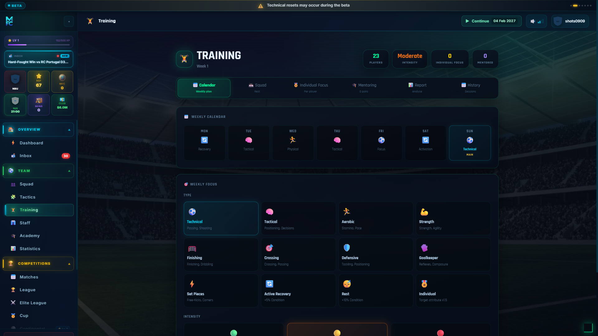 ManageFC screen โ training